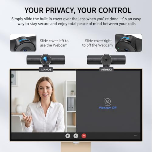 AIRHUG 2K 60fps Webcam, Streaming Camera with Sony 8MP Sensor, Dual Omnidirectional Mics, PDAF Autofocus, 60° Focused View for Online Meetings, Built in Privacy Cover, Plug and Play for Windows/Mac