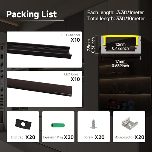 10-Pack 3.3ft/1m U-Shape LED Aluminum Channel with Black Cover, Black LED Strip Light Diffuser Track, Waterproof LED Profile for Under Cabinet, Stairs, Wardrobe, fits 12mm/0.5" Wide Strips - color: Black Aluminum + Black Cover, size: 3.3FT/10P/#048