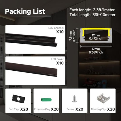 10-Pack 3.3ft/1m U-Shape LED Aluminum Channel with Black Cover, Black LED Strip Light Diffuser Track, Waterproof LED Profile for Under Cabinet, Stairs, Wardrobe, fits 12mm/0.5" Wide Strips - color: Black Aluminum + Black Cover, size: 3.3FT/10P/#048