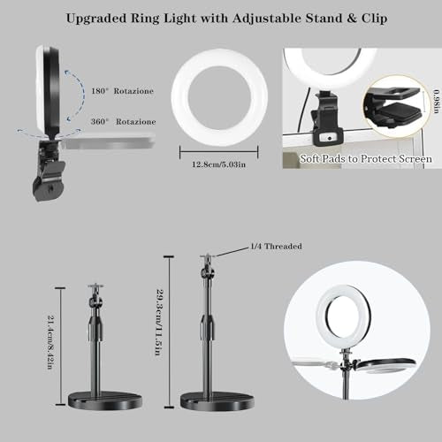 Ring Light with Stand, Desk Ring Light with Clip Upgraded 10W 3000K-6500K Travel Desktop Light for Phone Selfie Laptop Zoom Video Makeup Vlog Tiktok Live Streaming