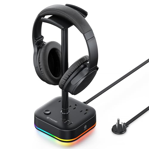TROND Headphone Stand with USB C, Desk Gaming Headset Holder with 3 AC Outlets, 2 USB-A and 1 USB-C, Headset Stand with 5 RGB Light Modes, for Gaming Desk Accessories Gamer Boyfriend Gifts