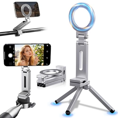 Magnetic Phone Tripod Stand,Tripods Mount Foldable,Magnetic Tripod Selfie Stick,Upgrade Mini Cell Phone Tripods Mount Handle Smartphone Desk Stand for Video Recording Travel,PhoneStand (Silver) - color: Silver