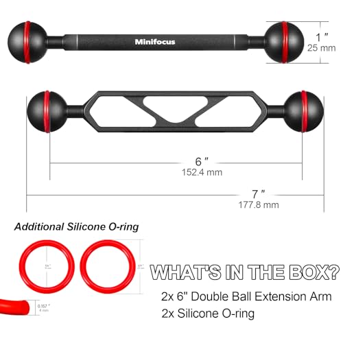 MINIFOCUS 6" Double Ball Aluminum Extension Arm, 1" Ball Head Connector Underwater CNC Arm System Ball Head Extension for Strobe/Video Light/Diving Camera Tray, Waterproof and Rustproof (2pack) - size: 6" Extension Arm