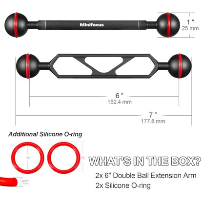 MINIFOCUS 6" Double Ball Aluminum Extension Arm, 1" Ball Head Connector Underwater CNC Arm System Ball Head Extension for Strobe/Video Light/Diving Camera Tray, Waterproof and Rustproof (2pack) - size: 6" Extension Arm