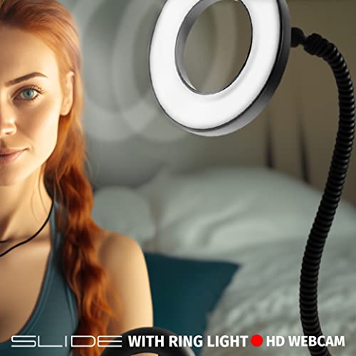 Slide 1080P HD Webcam with Portable Ring Light and Clamp-on Stand, Streaming Camera with Mic, 30 FPS, 30 Light Modes, 2 Flexible Arms, Secure Clamp, Includes Sliding Lens Cover and USB Cable - size: 1080P