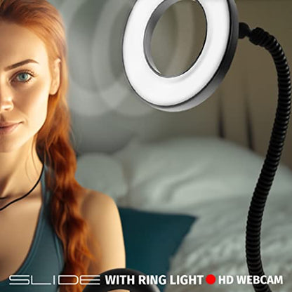 Slide 1080P HD Webcam with Portable Ring Light and Clamp-on Stand, Streaming Camera with Mic, 30 FPS, 30 Light Modes, 2 Flexible Arms, Secure Clamp, Includes Sliding Lens Cover and USB Cable - size: 1080P