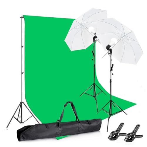 Photography Background Stand Support System with Muslin Backdrop (Chromakey Green Screen kit) 85W 5500K LED Bulb with Umbrella Lighting Kit for Photo Studio Product, Portrait and Video Shoot