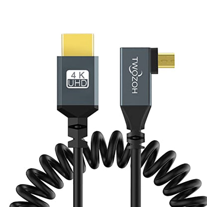Twozoh Left Angled Coiled Micro HDMI to HDMI Cable, Micro HDMI to HDMI Coiled Cable 90°Degree Stretched Length 30cm to 150cm - Supports 3D/4K 1080p(5FT) - color: Left Angled, size: 5Ft
