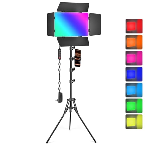 RGB LED Video Light with Barndoor, 2500K-8500K CRI 98+ Dimmable Bi-Color LED Studio Light Panel, 12 Effects Photography Lighting Kit for Video Recording Shooting Live Streaming Podcasting - size: 1 Pack