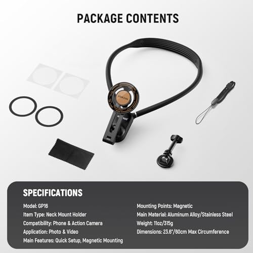 NEEWER Magnetic Neck Holder for Action Camera & Phone, Hands Free Tripod Chest Mount Compatible with GoPro DJI Insta360 Magsafe iPhone Android, Phone Holder for Video Recording POV Vlog, GP16 - style: GP-16(Black)