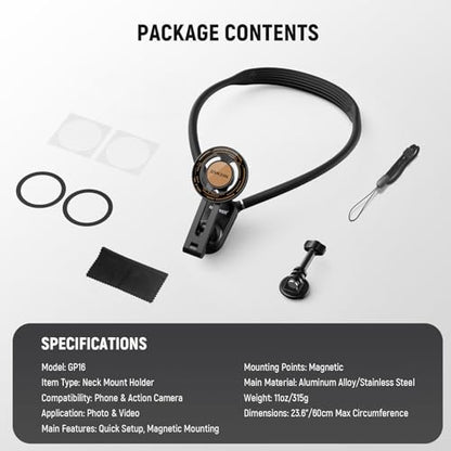 NEEWER Magnetic Neck Holder for Action Camera & Phone, Hands Free Tripod Chest Mount Compatible with GoPro DJI Insta360 Magsafe iPhone Android, Phone Holder for Video Recording POV Vlog, GP16 - style: GP-16(Black)