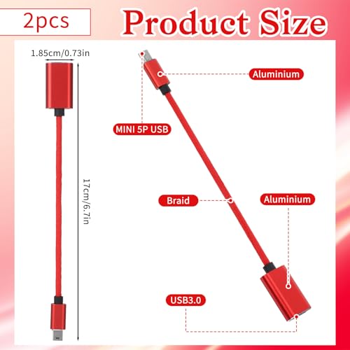 2 Pcs Mini USB OTG Cable Adapter for Digital Cameras USB A Female to Mini USBs B 5-pin Male Converter Connector Braided Cable Connector for Data Transfer (Black and Red)