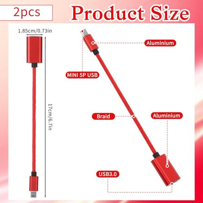 2 Pcs Mini USB OTG Cable Adapter for Digital Cameras USB A Female to Mini USBs B 5-pin Male Converter Connector Braided Cable Connector for Data Transfer (Black and Red)