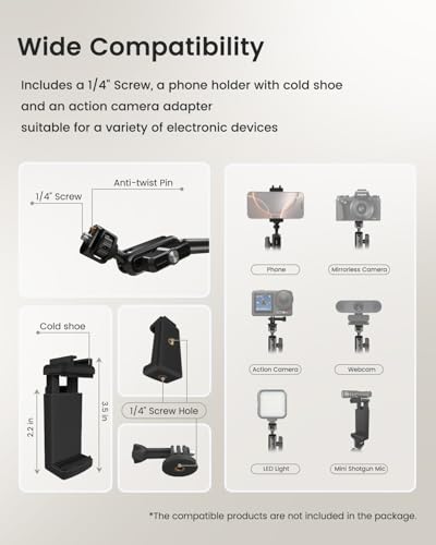 33" Magic Arm w Super Clamp, Overhead Camera Mount, Articulating Extended Friction Boom Arm w 1/4" Thread Adapter, for Mic, Light, Phone, Webcams, Action Camera