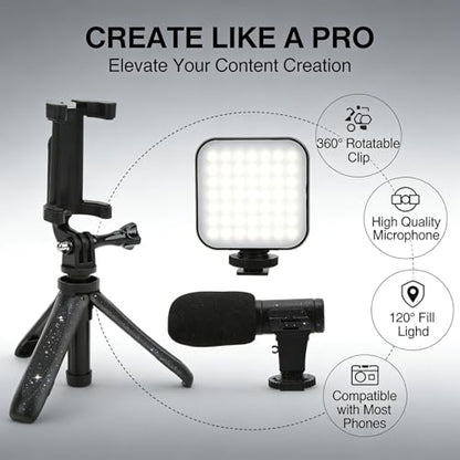 Smartphone Vlogging Kit with Fill Light, Tripod, Phone Holder, and Microphone, 5.5-8cm Phone Compatible - Best Kit for Vlog Lighting, Podcast, Content Creator, Youtuber Starter