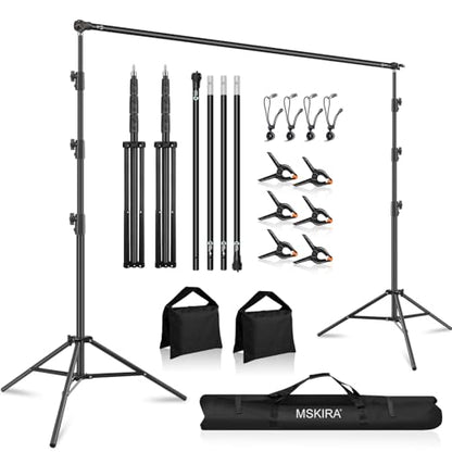 10.2x10Ft Heavy Duty Backdrop Stand, MSKIRA Adjustable Backdrop Support System Kit, Photoshoot Background Stand for Parties, Advertising Display with 6 Clamps, 4 Clips, 2 Sandbags, Carry Bag