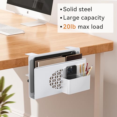 Desk Side Storage, Metal Laptop Holder with Magnetic Pen Box, Clamp-On Under Desk Organizer with Cooling Holes & Anti-Scratch Pads for Office and Home (White) - color: White