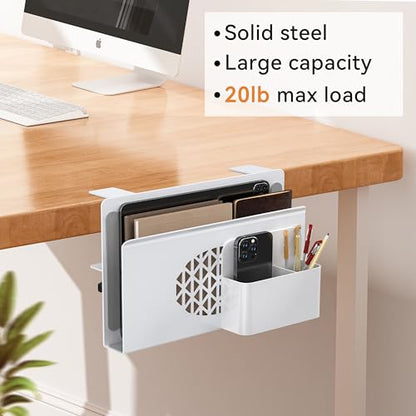 Desk Side Storage, Metal Laptop Holder with Magnetic Pen Box, Clamp-On Under Desk Organizer with Cooling Holes & Anti-Scratch Pads for Office and Home (White) - color: White