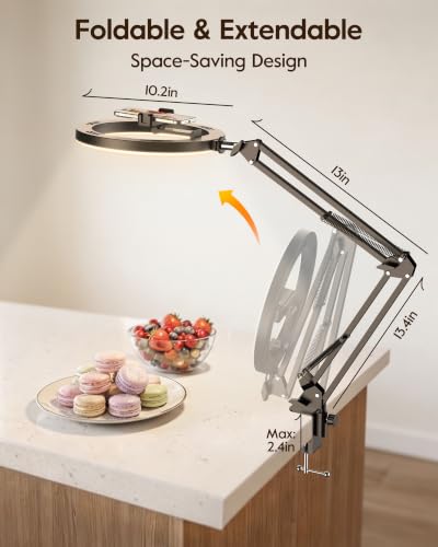 Upgrade Ring Light with Stand, Overhead Phone Mount for Desk, 10” Selfie Light with Stand Tripod for iPhone, Light with Phone Holder for Video Recording,Zoom Meeting,Live Streaming Tiktok,YouTube