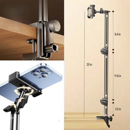 Phone Stand with Heavy-Duty C-Clamp, 3-Section Adjustable Desktop Mount Stand for Phone, 360° Ball Head Flexible Desk Mount