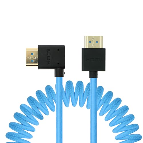 Uonecn Right Angle HDMI 2.1 Cable for Camera, 48Gbps 8K Braided Coiled HDMI for Atomos Ninja V, Portkeys BM5, Short HDMI Cable for Sony A7iv, Z-CAM F6, Z-Cam E2 Pro Cameras, Blue, Left to Straight - color: Blue, size: Straight to Left Angle