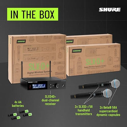 Shure SLXD24D+/58 Dual Handheld Wireless System - SLXD4D+ Dual Receiver, 2 SLXD2+ Handhelds with Beta58A Capsule, Bluetooth Monitoring, G57 Band | Includes SLXD4D Plus Dual Receiver and 2 SLXD2 Plus Handhelds with BETA58A, Bluetooth Monitoring, G57 - styl