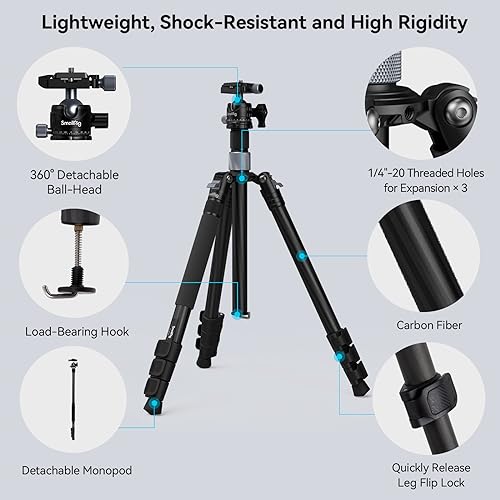 SmallRig AP-20 Carbon Fiber Tripod, 62.2" Camera Tripod Monopod with Center Column, Compact Lightweight Tripods with 360° Ball Head, Payload 26.5 lbs, Quick Release Plate, for DSLR Camera - 4059 - style: 62.2"