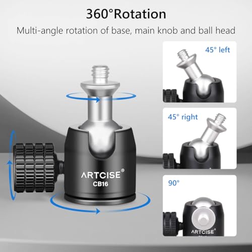 ARTCISE Mini Metal Ball Head (2 Pack) with 1/4" Screw and Removable Hot Shoe Mount, 360 Degree Rotatable Aluminum Tripod Head，Compatible with Cameras, Smartphone/iPad Mounts, Maximum Load 2kg/4.4 lbs