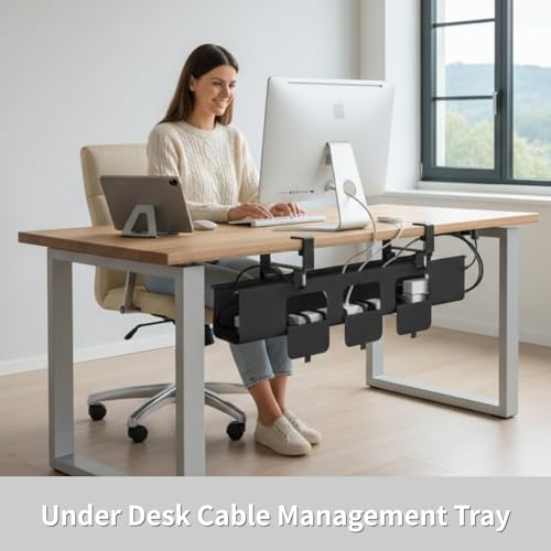 Under Desk Cable Management Tray, 36” Fabric No Drill Clamp Mount Cord Organizer for Desk, Heavy Duty Wire Management for Office Home, Black - size: 36 inch