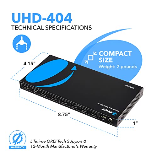 OREI 4x4 HDMI Matrix Switch – 4K@60Hz with Downscale, HDR, HDCP 2.2, EDID | HDMI Switch 4 In 4 Out, HDMI Matrix 4x4 – HDMI 2.0, Dolby Vision, HDR10+, LPCM 7.1CH, DTS-HD Master Audio - size: 4x4 Matrix