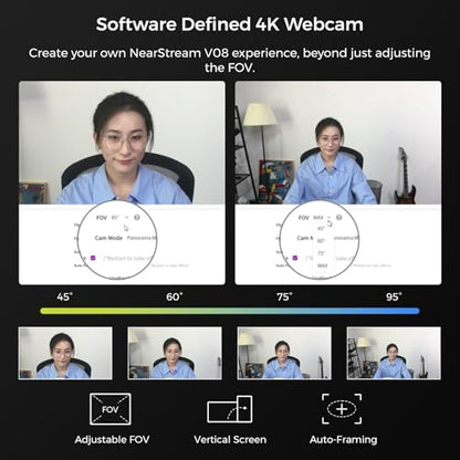 NearStream 4K Webcam for Streaming - Noise Canceling Mic, 45°-95°Adjustable FOV, Auto Focus, AI Framing, Software Control, Plug&Play, Works with Zoom/Teams/Skype/Google Meet - style: 4K@30FPS,1080P@60FPS