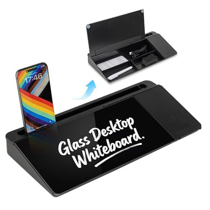 Glass Desktop Whiteboard with Wireless Charger & Storage, Desk Dry Erase Note Memo Board, Compact Desk Organizer for Desk, Home, Study, Office, Back to School Supplies, Black, 2026 - color: Black Wireless Charger