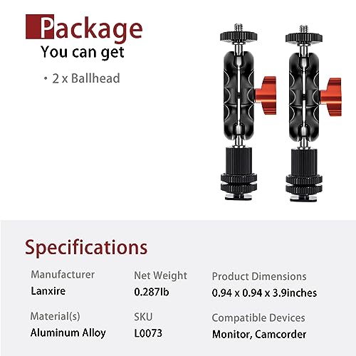 Mini Magic Arm Multi-Function Double Ball Head with Cold Shoe Mount and 1/4’’-20 Screw for Monitor, LED Light, Microphone, Max Load up to 2kg/4.4lb - 2 Pieces