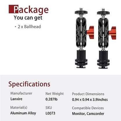 Mini Magic Arm Multi-Function Double Ball Head with Cold Shoe Mount and 1/4’’-20 Screw for Monitor, LED Light, Microphone, Max Load up to 2kg/4.4lb - 2 Pieces