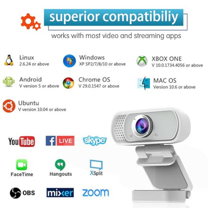 Webcam for PC, HD 1080P Webcam with Microphone, 110° Wide Angle USB Plug & Play - Noise Canceling for Video Calls, Streaming, Gaming - Built-in Privacy Shutter & Tripod - color: White