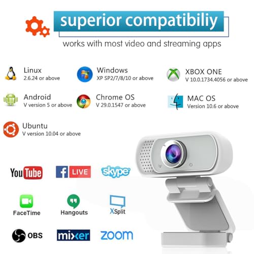 Webcam for PC, HD 1080P Webcam with Microphone, 110° Wide Angle USB Plug & Play - Noise Canceling for Video Calls, Streaming, Gaming - Built-in Privacy Shutter & Tripod - color: White