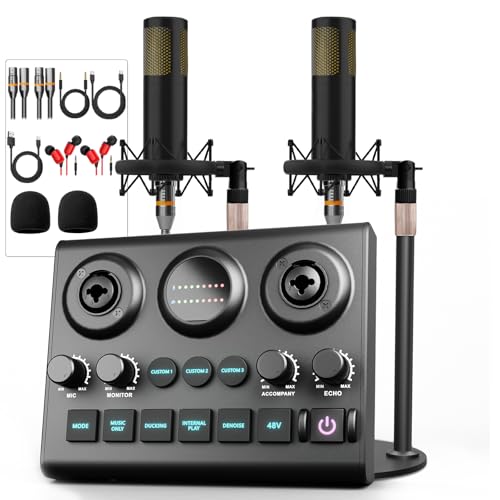 Podcast Equipment Bundle for 2, Audio Mixer with Dynamic Podcast Microphone, 48V Phantom Power, Voice change for Recording, Streaming, Gaming, Tiktok, PC, Phone, Guitar - color: F10-2D