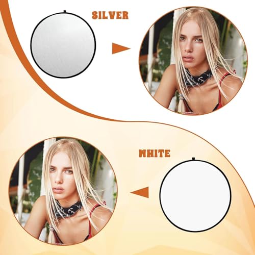 2 in 1 Photo Collapsible Photography Reflector 24'' Portable Camera Panel for Studio Outdoor Lighting Indoor Shooting, Video Portraint Photography Diffuser, White and Silver Reflector for Selfies