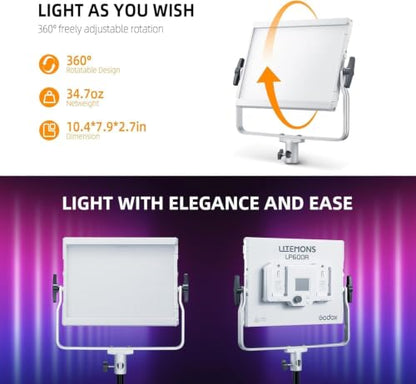 Godox LP600R RGB LED Video Light with Barndoor, 60W 1800K-10000K 9270Lux LED Panel Light with 14 FX Effects APP Control CRI/TLCI 96+ Dimmable 0-100% Studio Soft Light for Photography