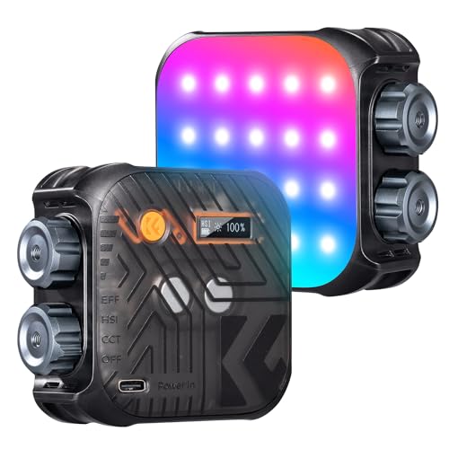 K&F CONCEPT 2000mAh RGB Video Light 21 Light Effects, 2500K-9900K, CRI 96+ | 360° Full Color Portable Light, Magnetic Rechargeable LED Panel Camera Light with 1/4" Screw Mount for Vlogging Selfie, Black - color: Black
