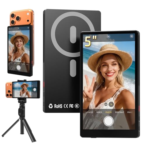 5" Magnetic Wireless Vlog Selfie Monitor Screen for iPhone & Android-Zero Latency, 90ft Range, 2600mAh 6hr Battery, 4K Display, Magnetic snap-on, Rear Camera sync, Live Stream TikTok