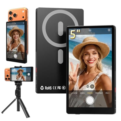5" Magnetic Wireless Vlog Selfie Monitor Screen for iPhone & Android-Zero Latency, 90ft Range, 2600mAh 6hr Battery, 4K Display, Magnetic snap-on, Rear Camera sync, Live Stream TikTok