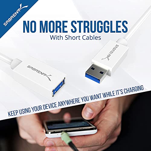 SABRENT 22AWG USB 3.0 Extension Cable A Male to A Female [White] 6 Feet (CB-306W) - color: WHITE, size: 6 FT