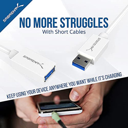 SABRENT 22AWG USB 3.0 Extension Cable A Male to A Female [White] 6 Feet (CB-306W) - color: WHITE, size: 6 FT