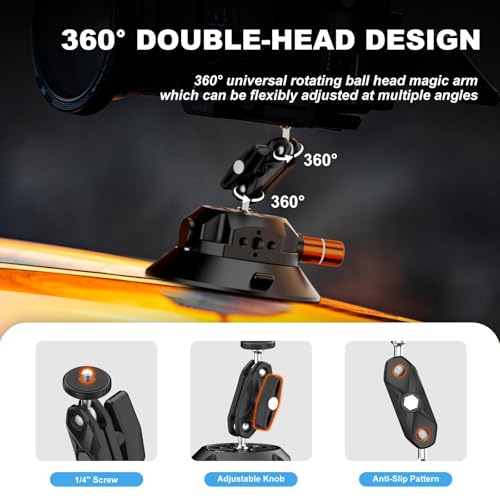 COMAN 4.5'' Suction Cup Camera Mount with Ball Head Magic Arm, Metal Camera Suction Mount for Action Cameras iPhone, Quick Release Car Mount with 1/4" & 3/8" Mounting Holes for Car Windshield Window - size: 4.5'' Suction Mount