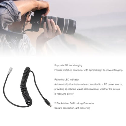 Yunseity Power Cable for BMPCC 4K 6K Cinema Cameras, USB C PD Fast Charging Coiled Cord with LED Power Indicator, S Dual Pin Aviation Connector, Extendable 13cm to 150cm