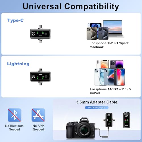 Wireless Lavalier Microphone for iPhone iPad Android Laptop Camera, Lightning & USB C Mic for iPhone, 24H Charging Case,Plug &Play Noise Reduction Mini Mic for Video Recording, Vlogging
