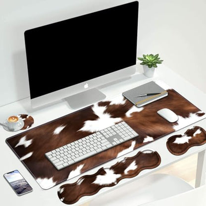 4 in 1 Ergonomic Keyboard Wrist Rest & Mouse Pad Wrist Rest Set, Large XXL Gaming Desk Mat 31.5"x 11.8" with Non-Slip Base, Memory Foam for Home Office Study Gaming, Brown Black Cow Print - color: Brown Black Cow Print