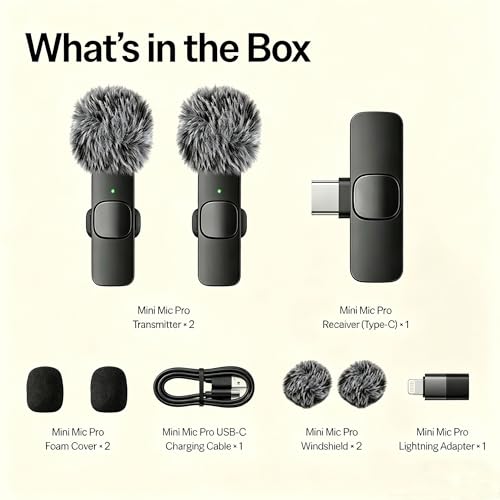 Wireless Lavalier Microphone for iPhone Android, 2Pcs Mini Mic, Plug & Play | Noise Cancelling, 64dB Adaptive, 0.35oz Featherweight, 65ft Range, 6H Battery, for Content Creators Vlogging, YouTube, TikTok