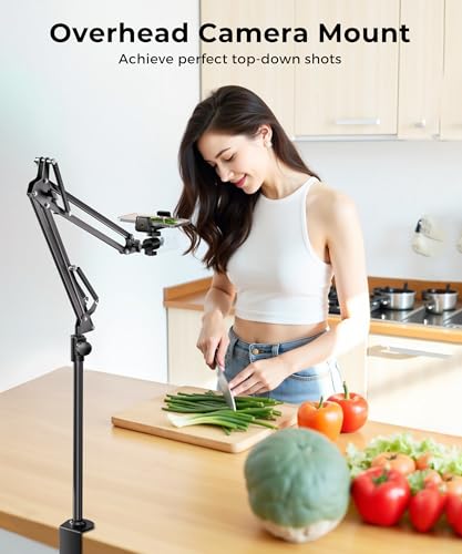 UBeesize Overhead Camera Mount with 360° Adjustable Arm & Phone Holder for TikTok Live Streaming Photography Studio Content Creation, Desk Mount for DSLR Cameras/Webcam/iPhone/Ring Light/Microphone